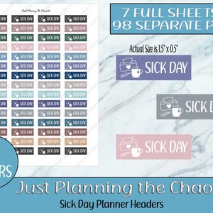 Printable Planner Stickers, Planner Header, Sick Day Sticker, Sick Day Planner Sticker, Vertical Planner, Digital Sticker, Calendar Stickers