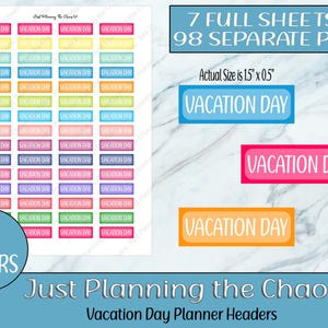 VACATION DAY Planner Headers: 98 Colors, Printable Vertical Planner Stickers (Digital Download)