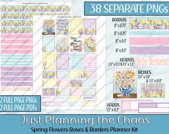 Printable Planner Stickers, Spring Flowers Planner Headers, Spring Planner Boxes, Planner Kit, Flower Stickers, Digital Stickers, Calendar