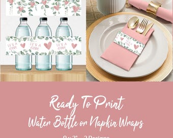 It&#39;s A Girl Baby Shower Water Bottle & Napkin Wraps (Digital Download, Ready to Print)