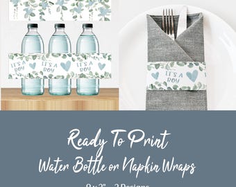 It&#39;s A Boy Baby Shower Water Bottle & Napkin Wraps (Digital Download, Ready to Print)
