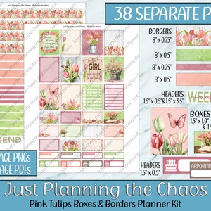 Agendas imprimables Autocollants, En-têtes d'agenda tulipes roses, Boîtes tulipes pour agenda, Kit d'agenda, Stickers fleurs, Stickers numériques, Calendrier