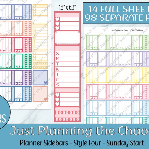 Printable Planner Stickers, Planner Sidebars, Sunday, Printable Sidebar Stickers, Vertical Planner Stickers, PNG, PDF, Digital Stickers