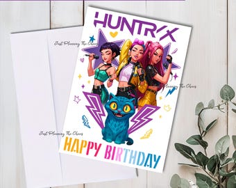 Carte d&#39;anniversaire imprimable : carte de voeux + enveloppe DIY PDF (téléchargement numérique) KPop Demon Hunters, Huntrix