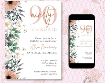 May include: A birthday invitation with the number 90 in a copper color, the words "ninety years loved", and floral accents. The invitation includes the name Allison Beauchamps, the date, time, and RSVP information. A phone displays the same design.