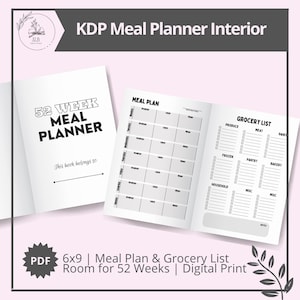 Blank 52 Week Meal Planner | Planner and Grocery List | 6x9 inch | Ready for PDF Upload | KDP Interior | Commercial Use Allowed