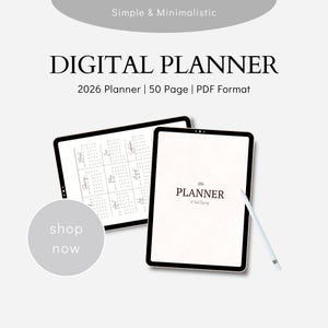 May include: Two digital tablets with black bezels and white screens. One displays a calendar layout, the other features the word "PLANNER". A white stylus rests on the second tablet. Text reads "DIGITAL PLANNER" and "2026 Planner | 50 Page | PDF Format".