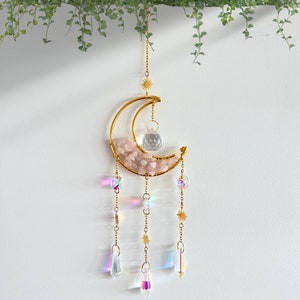 Rose Quartz Moon Suncatcher, Wall Art Decor, Crystal Gift