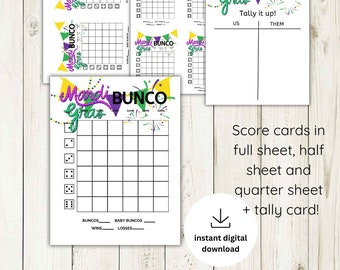 Mardi Gras Bunco scorecard and tally sheet printable digital download