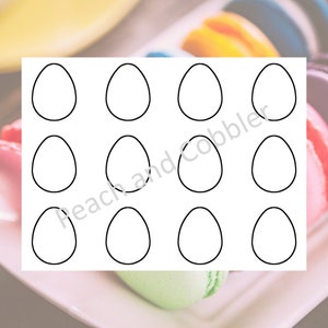 May include: A printable sheet with twelve blank egg shapes, perfect for coloring or decorating for Easter.
