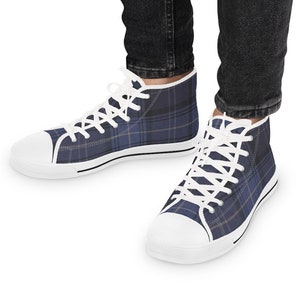 Men's High Top Canvas Shoes :Crystal Cottage Blue/Black Plaid sneaker, fathers day gift.