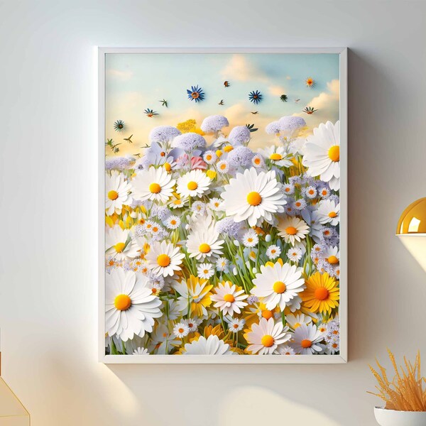 Daisies Wildflowers Art Print DOWNLOAD 3D Flowers Print Pastel Floral Art Printable Poster Colorful Printable Wall Art Print Download