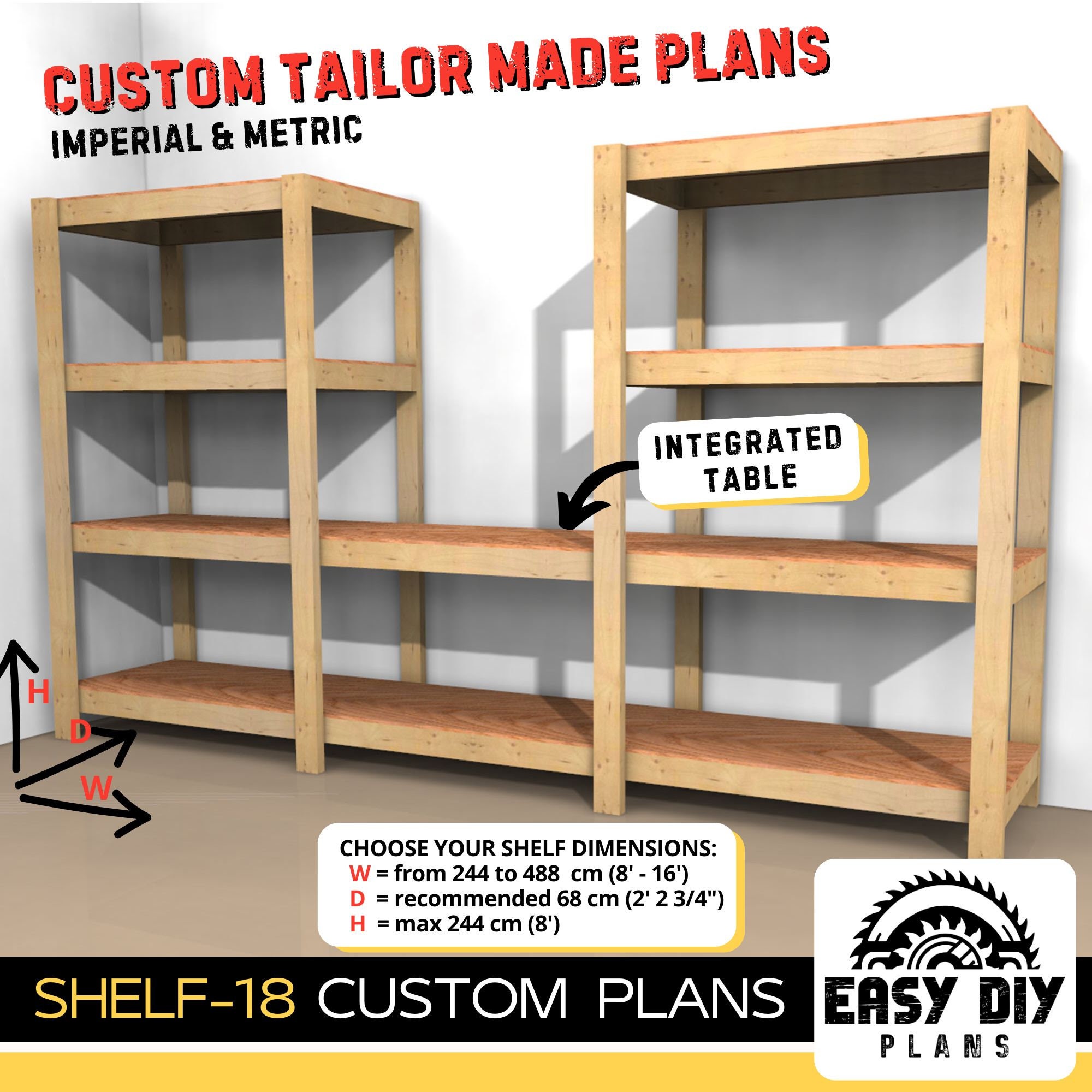 DIY Shelves Integrated Workbench CUSTOM PLANS Storage Shelf Plans Diy