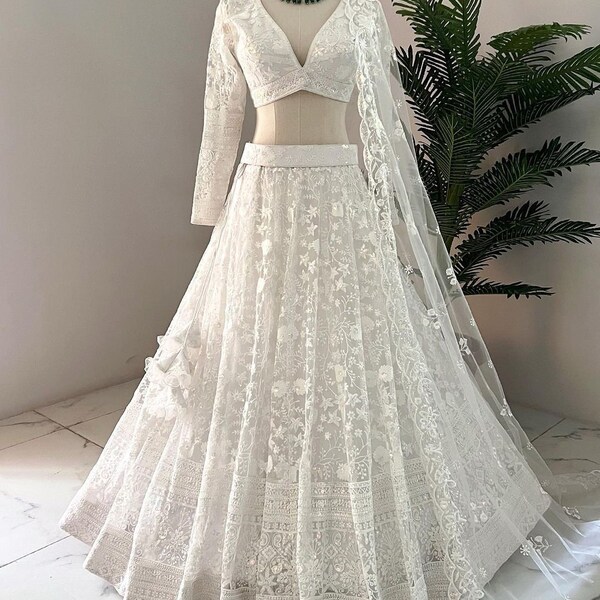 Choli Lehenga blanc pour femme prêt-à-porter choli de La Canée pour fille tenues de demoiselles d'honneur lehengas de mariage de créateur indien sur mesure