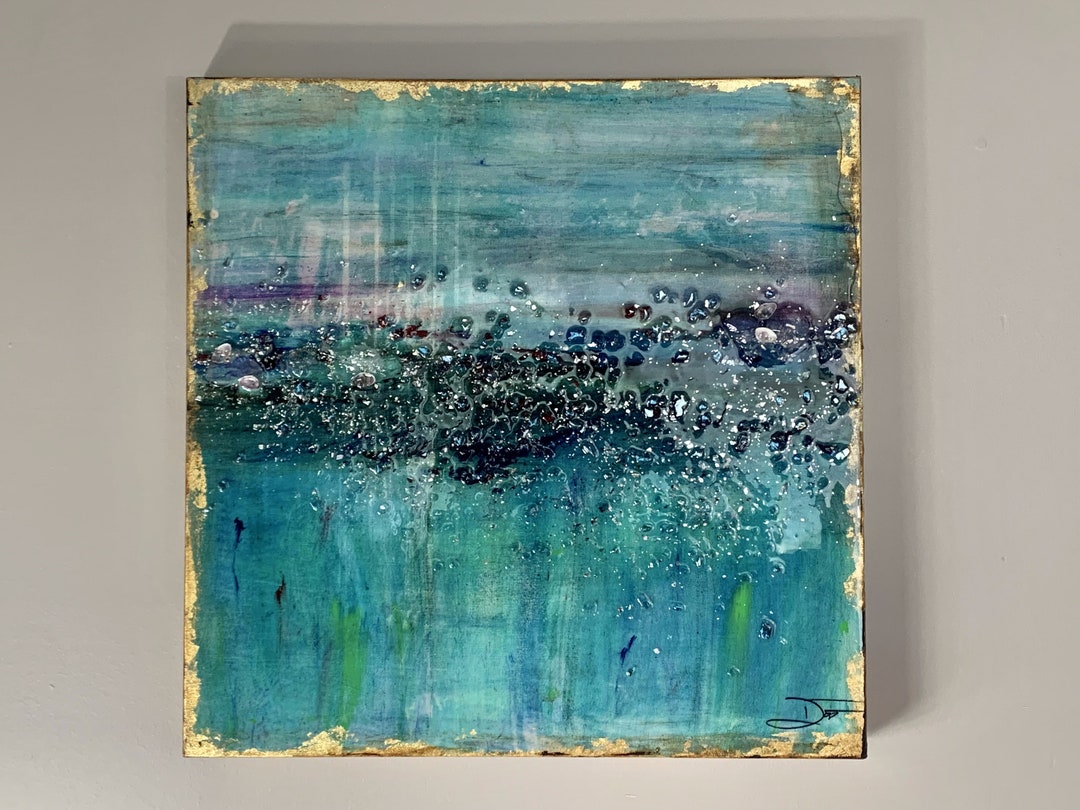 Handmade Abstract Acrylic Painting With Gold Leaf Framing and Epoxy