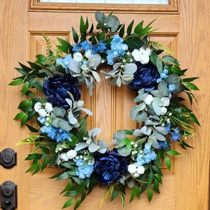 Farmhouse boho grapevine wreath with indigo blue and white flowers, handmade gift, front door wreath, home decor wreath