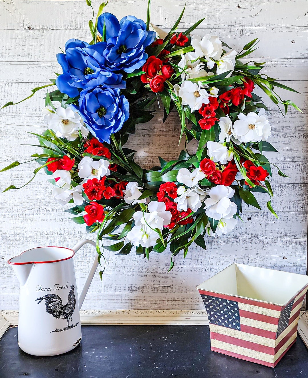 Patriotic Wreath for Front Door, Red, White and Blue Flowers, 4th of ...