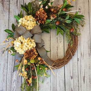 Neutral Fall Floral Wreath: Brown Dahlias, Hydrangeas, Striped Bow