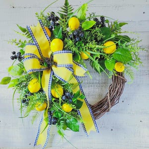 Lemon Blueberry Summer Wreath For Front Door French Blue Bow Spring Gift for Her Year Round Housewarming Farmhouse French Country Cottage