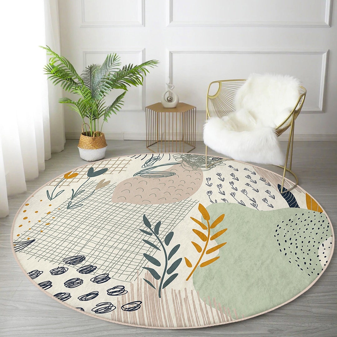 Botanical Round Rug Green Floral Area Carpet Abstract Area Etsy