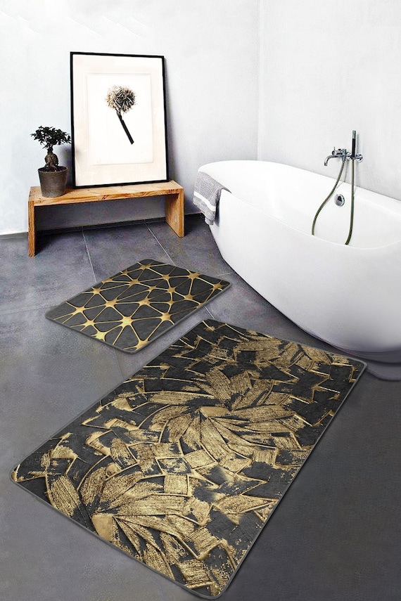 Set of 2 Brush Strokes Bathroom Mat, Gold & Grey Anti-slip Bath