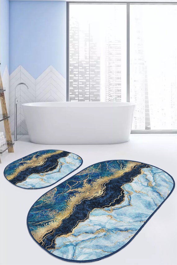 Set of 2 Marble Design Bath Mat, Non-slip Bath Rug, Gold & Blue