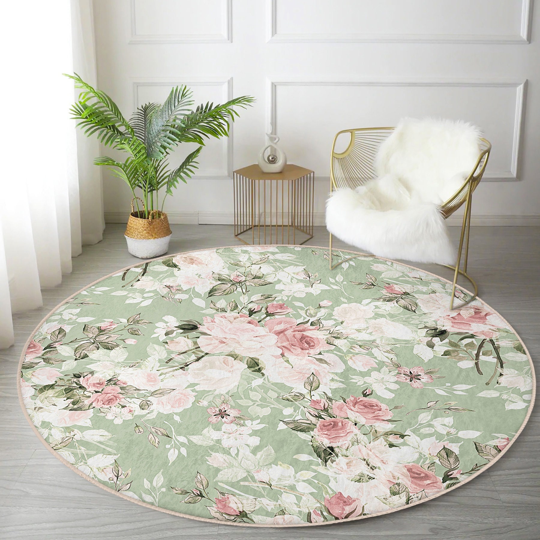 Green Pink Floral Area Rug Blossom Floor Mat Spring Rug for Living Room Minimalist Rug for Kitchen Boho Home Decor Master Bedroom Rug