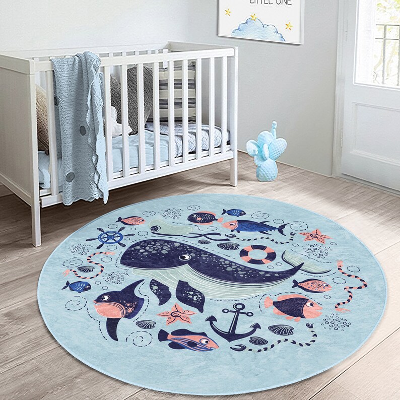 Blue Whale Rug Nautical Baby Room Rug With Fish Ocean & Sea Etsy