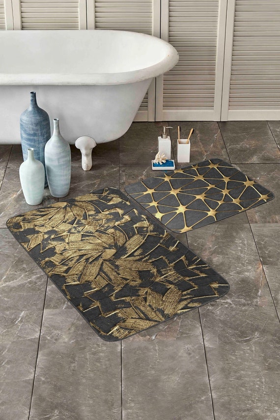 Set of 2 Brush Strokes Bathroom Mat, Gold & Grey Anti-slip Bath