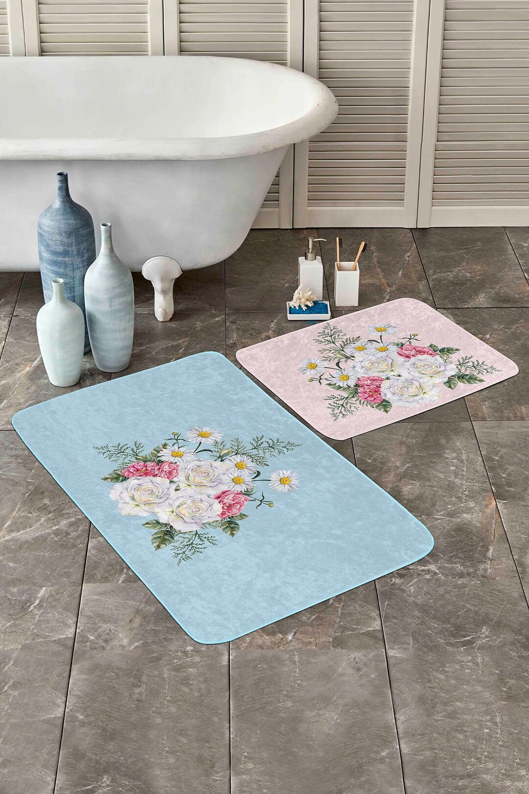 Set of 2 Blue & Pink Bathroom Mat Nonslip Bath Rug Flower Etsy UK