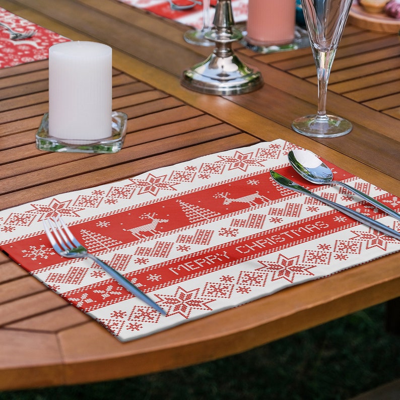 Set of 6 Christmas Themed Placemats, Merry Christmas Placemat With Deer