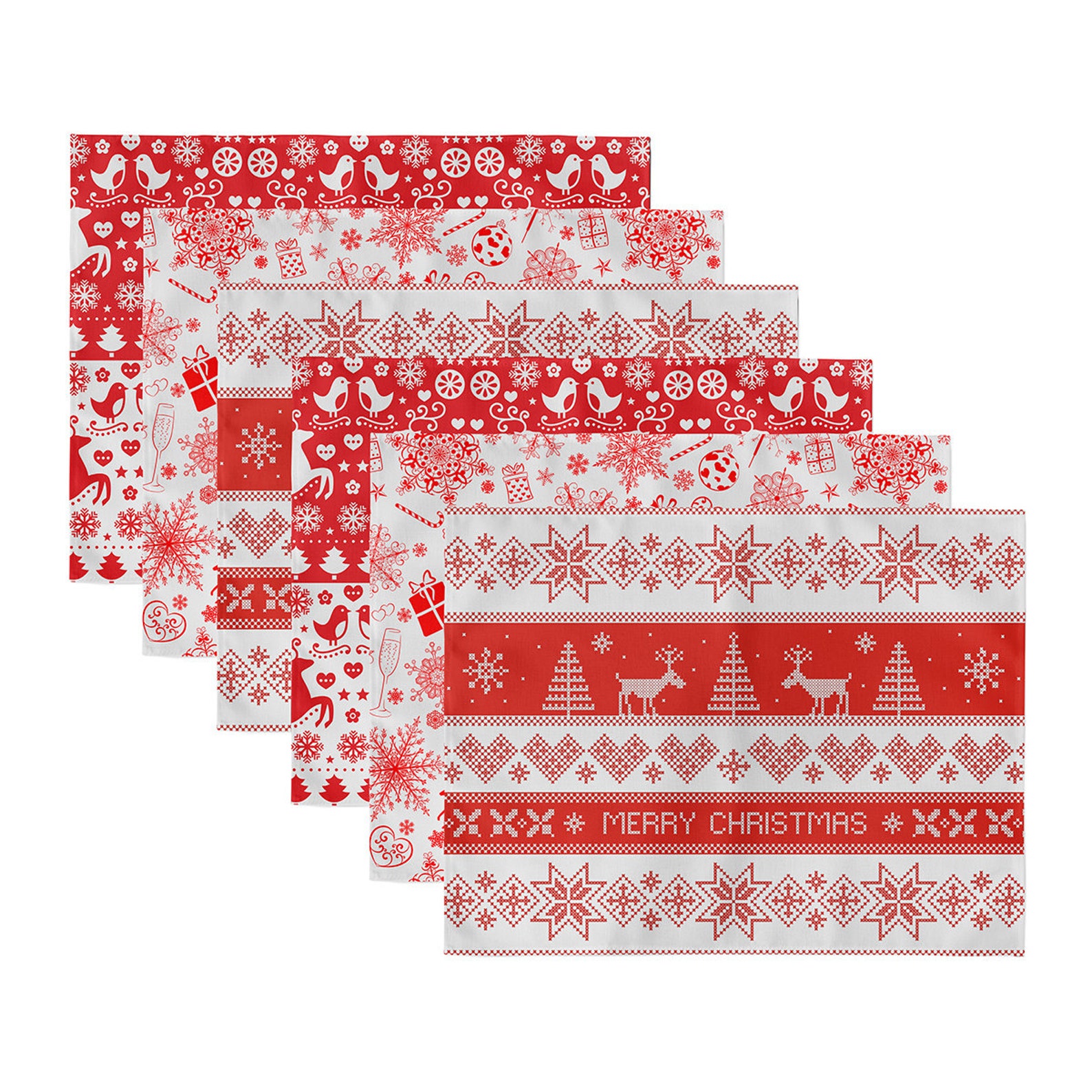 Set of 6 Christmas Themed Placemats, Merry Christmas Placemat With Deer