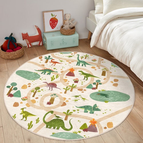 Dinosaur Themed Round Rug Nonslip Rug Washable Dinosaur Etsy