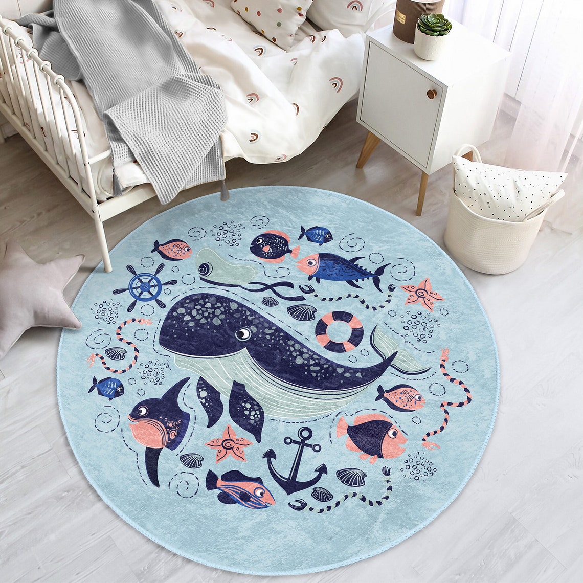 Blue Whale Rug Nautical Baby Room Rug With Fish Ocean & Sea Etsy