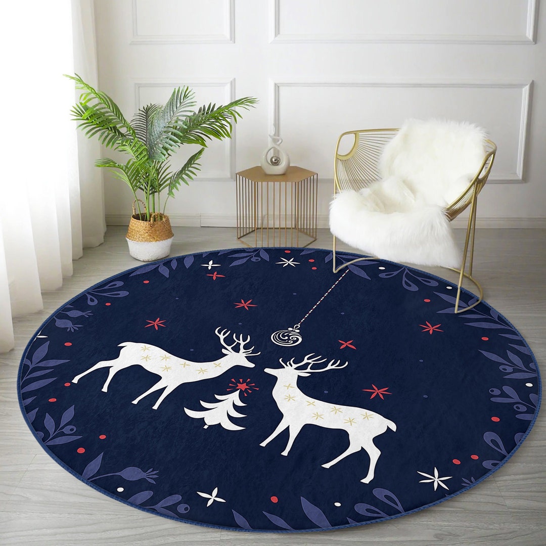 Christmas Reindeer Round Area Rug Santas Reindeers Carpet Etsy