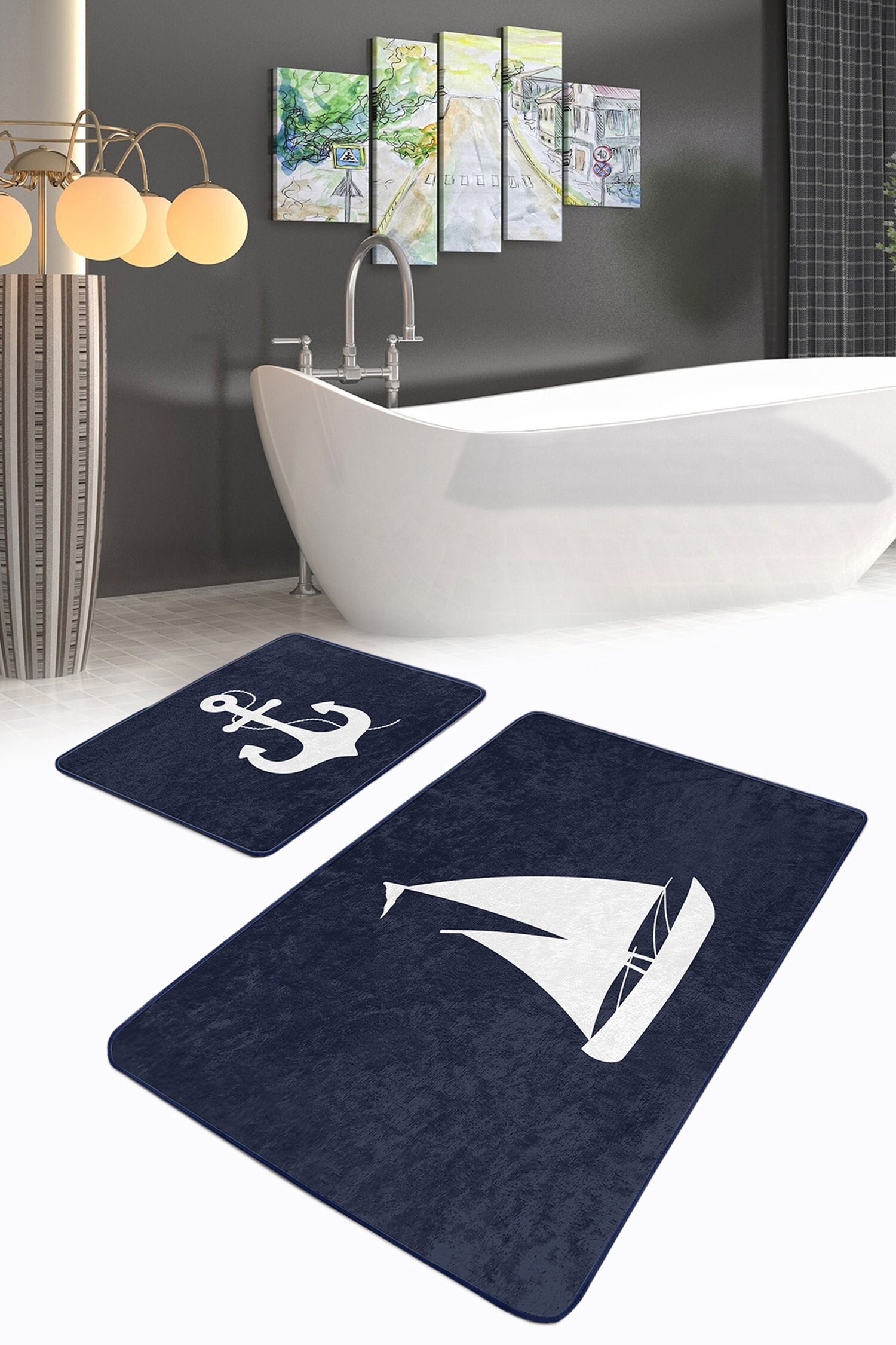 Navy White Mudcloth Print Bath Mat Blue Bathroom Rug Memory Foam