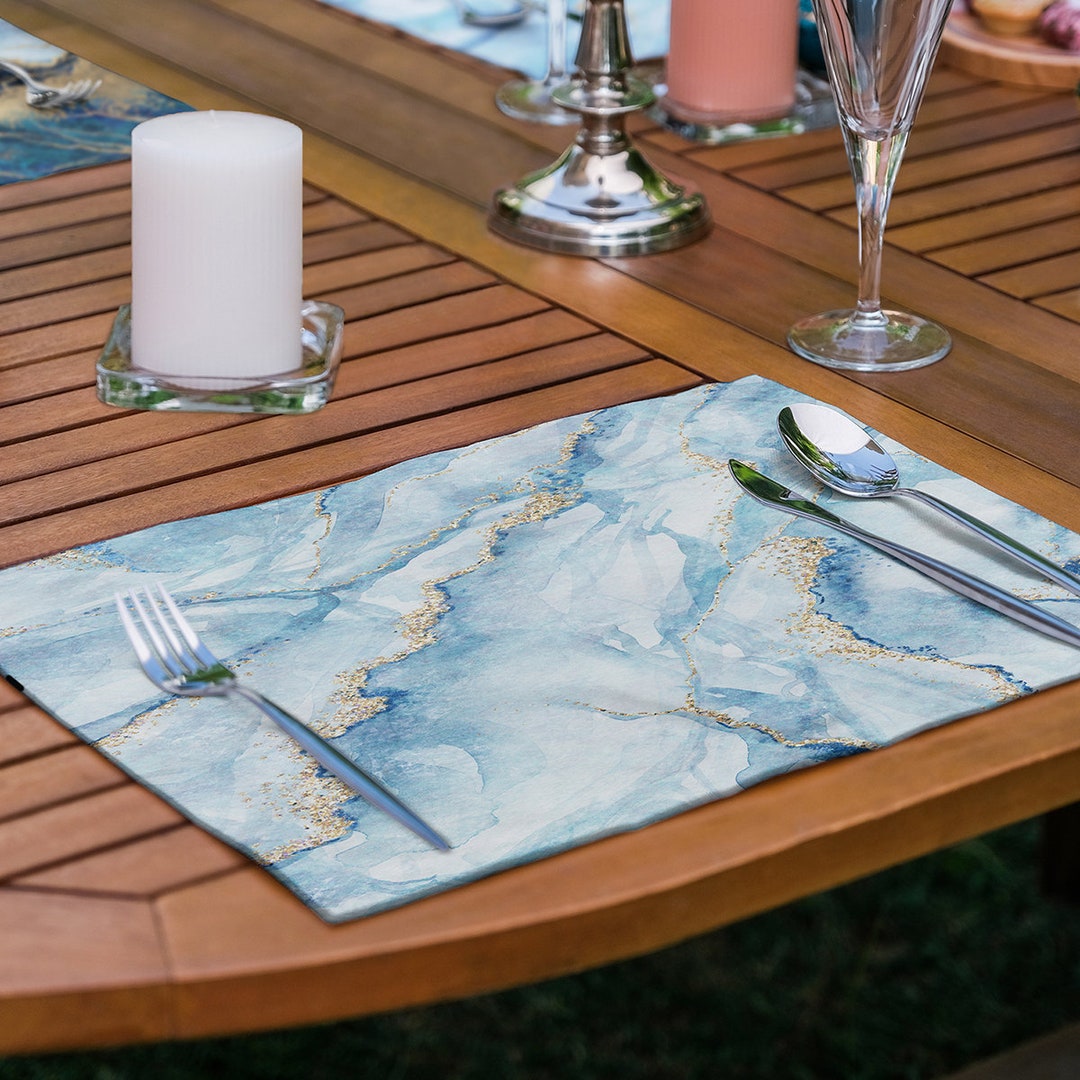 Set of 6 Marble Design Placemats, Blue & Gold Marble Placemat, Modern