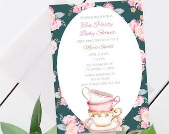 May include: A baby shower invitation with a floral design. The invitation features a teal background with pink roses and a white oval in the centre. The text reads "Tea Party Baby Shower" and includes event details.