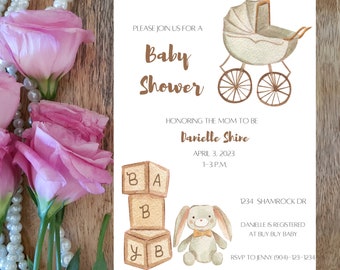 Vintage Baby Shower Invitation - Pram Baby Shower - Watercolor Vintage Baby Shower - Digital Download Baby Shower - Baby Blocks Baby Shower
