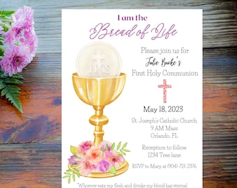 First Communion Invitation Girl - Floral 1st Communion Invite - First Holy Communion Digital Download - Eucharist - Chalice - Body and Blood