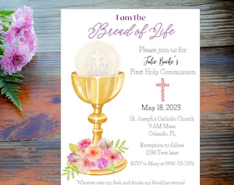 May include: First Holy Communion invitation with a watercolor illustration of a chalice and host. The invitation is white with purple text and includes the text "I am the Bread of Life" and "Julie Burke's First Holy Communion".