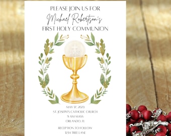 May include: A white invitation card with green and gold watercolor illustrations of a chalice and host. The text reads "Please join us for Michael Robertson's First Holy Communion" and includes the date, time, location, and RSVP information.