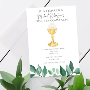 First Communion Invitation with Greenery - 1st Communion Invite - Traditional Catholic Invitation - Eucharist - 1st Holy Communion