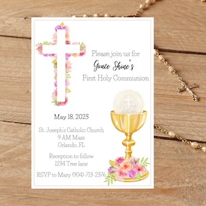 First Communion Invitation Girl Floral - 1st Communion Invite - Digital Download Invite - Chalice and Eucharist - First Holy Communion