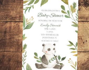 May include: A baby shower invitation with a watercolor illustration of a panda bear surrounded by green leaves and yellow flowers. The text reads "Please join us for a Baby Shower honoring the mom to be Emily Stewart April 3, 2023 1-3 PM 1234 Shamrock Dr Jacksonville, FL Registered at Target"