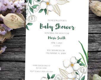 May include: White and green floral baby shower invitation with gold accents. The invitation reads "Please join us for a Baby Shower honoring the mom to be Marie Smith, April 3, 2023, 1-3PM, 1234 Shamrock Dr, Tallahassee, FL 32309. Marie is registered at Buy Buy Baby. RSVP to Kelly (904)-123-1234."