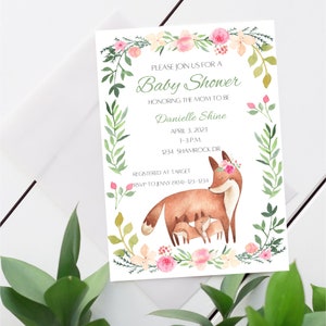 Fox Baby Shower Invitation - Baby and Mom Fox Baby Shower - Watercolor Fox and Flowers - Digital Download Fox Baby Shower Invitation