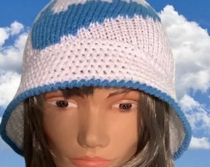 Unique model. Chic handmade crochet panama bob, boho, hippie style, acrylic, white, light blue color, for women, men