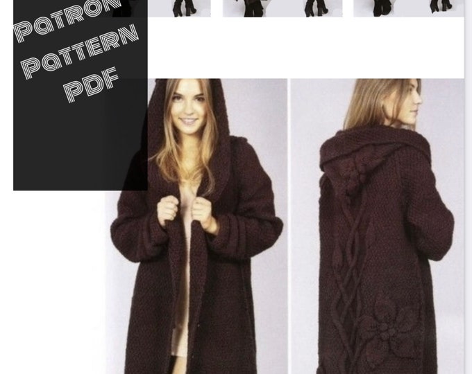 Chic knit coat model, long with hood. Patterns, pattern with French and English tutorials PDF format