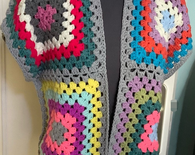 Chic vest - multicolored fancy kimono with crocheted grandmother's square, boho, hippie style, acrylic / cotton yarn.